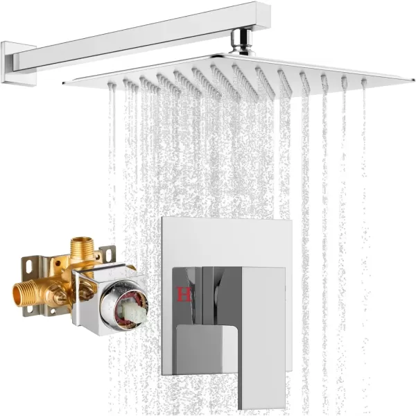 imagegotonovo 10quot Rain Shower System Brushed Nickel Luxury High Pressure Shower Head Bathroom Shower Faucet Set Roughin Valve and Shower Trim IncludedPolish Chrome