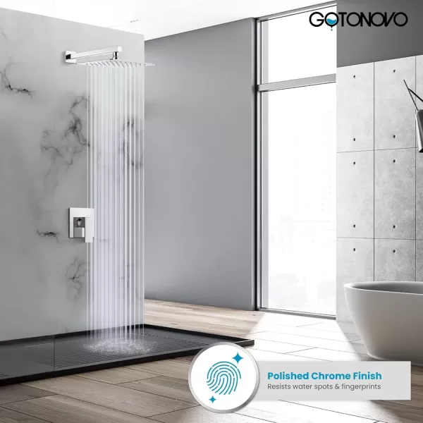 imagegotonovo 10quot Rain Shower System Brushed Nickel Luxury High Pressure Shower Head Bathroom Shower Faucet Set Roughin Valve and Shower Trim IncludedPolish Chrome
