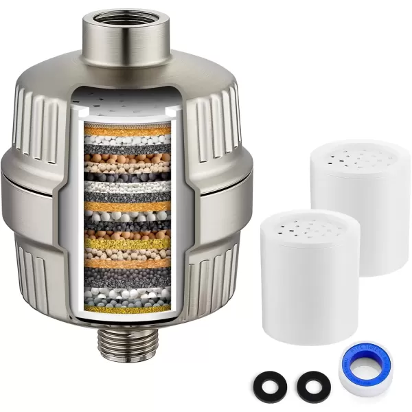 imagegotonovo 20 Stage Shower Head Filter for Hard WaterShower Filter with 2 Replaceable Cartridges High Pressure Shower Water Filter Removes Odors and Impurities Matte BlackBrushed Nickel
