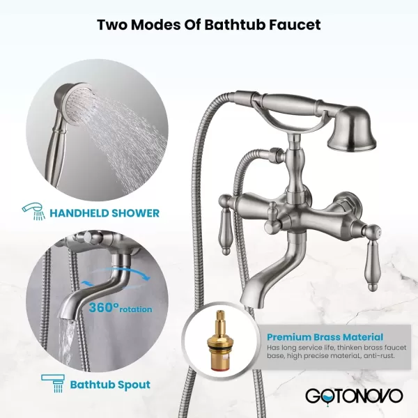 imagegotonovo 3 38 Vintage Bathtub Filler Wall Mount Clawfoot Tub Faucet Shower Kit with Handheld Shower 2Functions Double Level Handle Modern Telephone Handheld Shower Polished ChromeBrushed Nickel