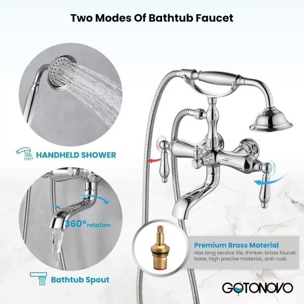 imagegotonovo 3 38 Vintage Bathtub Filler Wall Mount Clawfoot Tub Faucet Shower Kit with Handheld Shower 2Functions Double Level Handle Modern Telephone Handheld Shower Polished ChromePolished Chrome