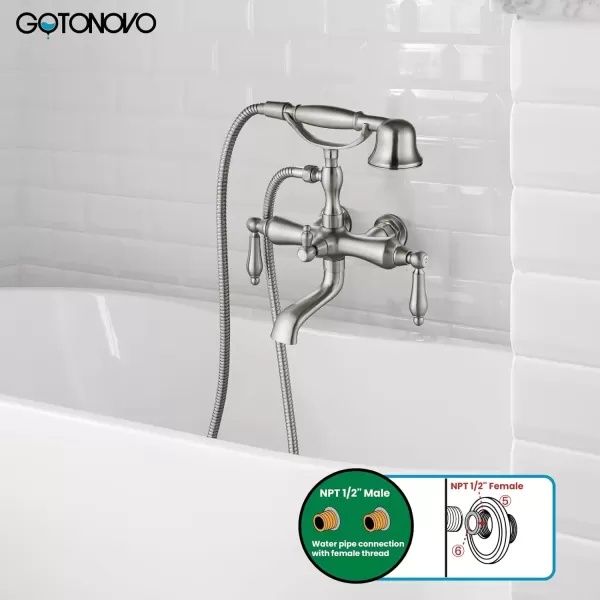 imagegotonovo 3 38 Vintage Bathtub Filler Wall Mount Clawfoot Tub Faucet Shower Kit with Handheld Shower 2Functions Double Level Handle Modern Telephone Handheld Shower Polished ChromeBrushed Nickel