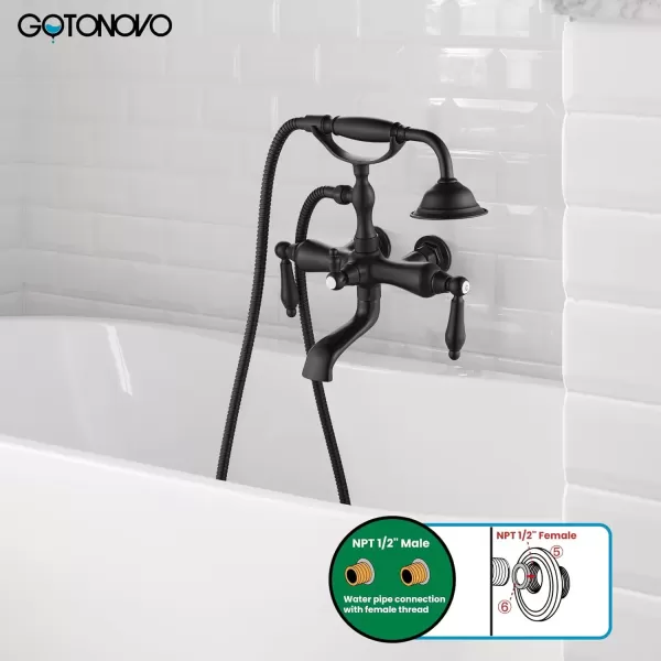imagegotonovo 3 38 Vintage Bathtub Filler Wall Mount Clawfoot Tub Faucet Shower Kit with Handheld Shower 2Functions Double Level Handle Modern Telephone Handheld Shower Polished ChromeMatte Black