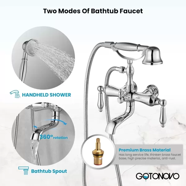 imagegotonovo 3 38 Vintage Bathtub Filler Wall Mount Clawfoot Tub Faucet Shower Kit with Handheld Shower 2Functions Double Level Handle Modern Telephone Handheld Shower Polished ChromePolished Chrome