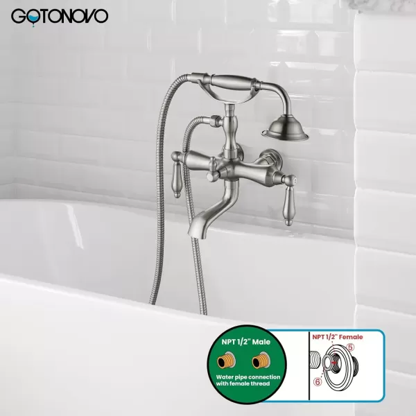 imagegotonovo 3 38 Vintage Bathtub Filler Wall Mount Clawfoot Tub Faucet Shower Kit with Handheld Shower 2Functions Double Level Handle Modern Telephone Handheld Shower Polished ChromeBrushed Nickel