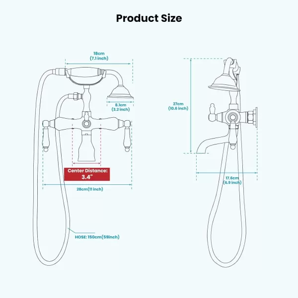 imagegotonovo 3 38 Vintage Bathtub Filler Wall Mount Clawfoot Tub Faucet Shower Kit with Handheld Shower 2Functions Double Level Handle Modern Telephone Handheld Shower Polished ChromeBrushed Nickel