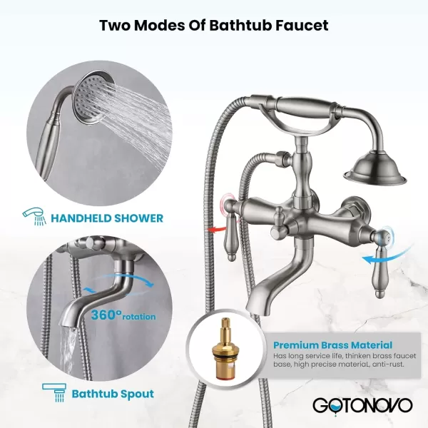 imagegotonovo 3 38 Vintage Bathtub Filler Wall Mount Clawfoot Tub Faucet Shower Kit with Handheld Shower 2Functions Double Level Handle Modern Telephone Handheld Shower Polished ChromeBrushed Nickel