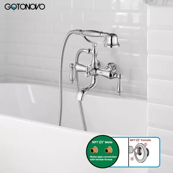 imagegotonovo 3 38 Vintage Bathtub Filler Wall Mount Clawfoot Tub Faucet Shower Kit with Handheld Shower 2Functions Double Level Handle Modern Telephone Handheld Shower Polished ChromePolished Chrome