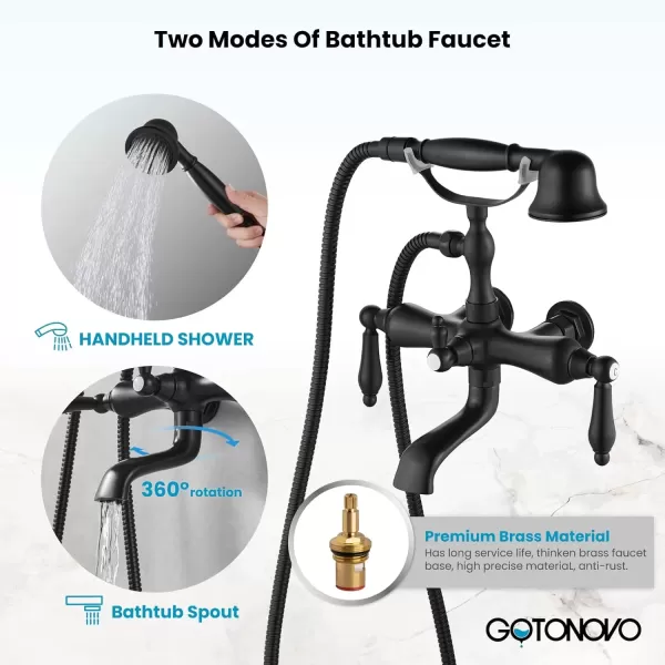 imagegotonovo 3 38 Vintage Bathtub Filler Wall Mount Clawfoot Tub Faucet Shower Kit with Handheld Shower 2Functions Double Level Handle Modern Telephone Handheld Shower Polished ChromeMatte Black