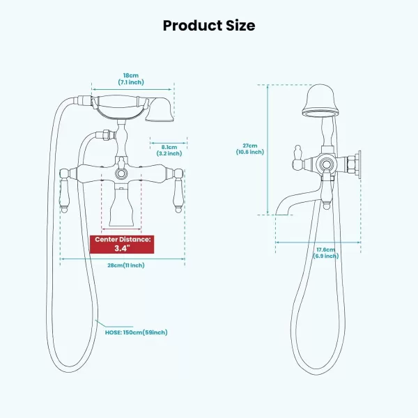 imagegotonovo 3 38 Vintage Bathtub Filler Wall Mount Clawfoot Tub Faucet Shower Kit with Handheld Shower 2Functions Double Level Handle Modern Telephone Handheld Shower Polished ChromeMatte Black