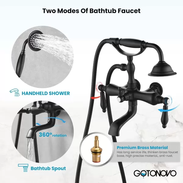 imagegotonovo 3 38 Vintage Bathtub Filler Wall Mount Clawfoot Tub Faucet Shower Kit with Handheld Shower 2Functions Double Level Handle Modern Telephone Handheld Shower Polished ChromeMatte Black