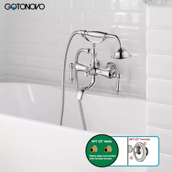 imagegotonovo 3 38 Vintage Bathtub Filler Wall Mount Clawfoot Tub Faucet Shower Kit with Handheld Shower 2Functions Double Level Handle Modern Telephone Handheld Shower Polished ChromePolished Chrome