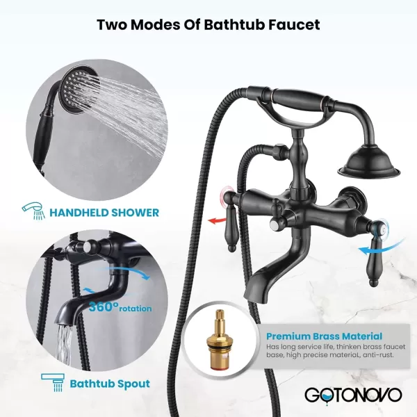 imagegotonovo 3 38 Vintage Bathtub Filler Wall Mount Clawfoot Tub Faucet Shower Kit with Handheld Shower 2Functions Double Level Handle Modern Telephone Handheld Shower Polished ChromeOil Rubbed Bronze