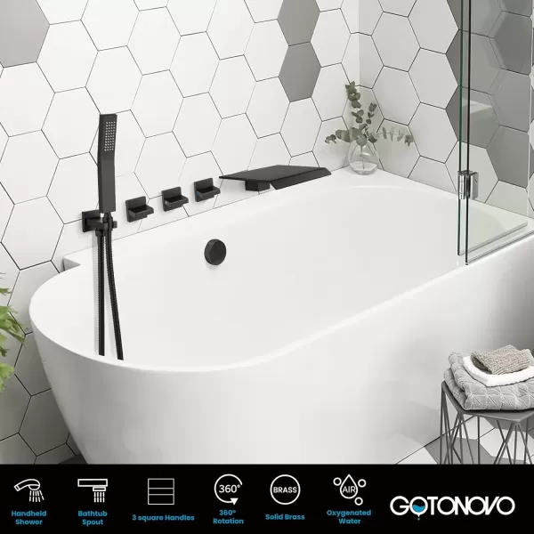 imagegotonovo 3 Handle Tub and Shower Faucet Set Wall Mounted Bath Tub Faucet Waterfall Tub Filler with Handheld Spray High Flow Rate 2 Function Bathroom Shower System with Roughin Valve Matte BlackMatte Black