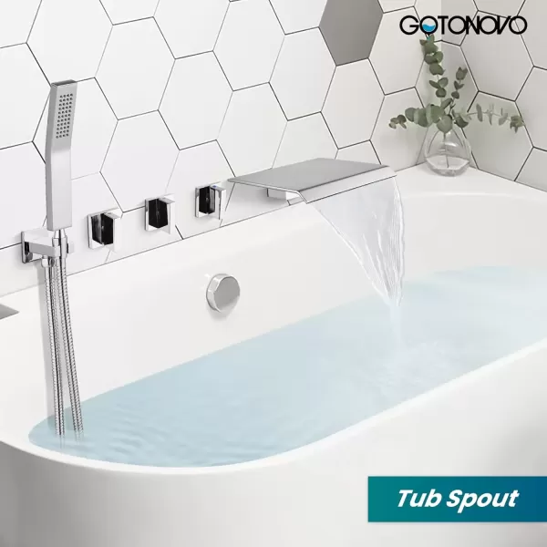 imagegotonovo 3 Handle Tub and Shower Faucet Set Wall Mounted Bath Tub Faucet Waterfall Tub Filler with Handheld Spray High Flow Rate 2 Function Bathroom Shower System with Roughin Valve Matte BlackPolished Chrome
