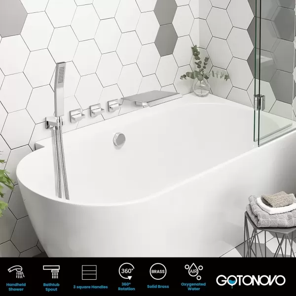 imagegotonovo 3 Handle Tub and Shower Faucet Set Wall Mounted Bath Tub Faucet Waterfall Tub Filler with Handheld Spray High Flow Rate 2 Function Bathroom Shower System with Roughin Valve Matte BlackPolished Chrome
