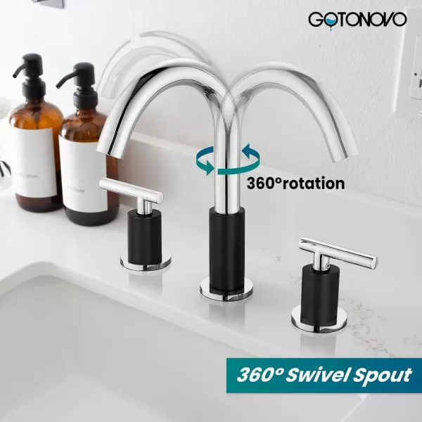 imagegotonovo 3 Hole 2 Handles Lavatory Basin Bathroom Sink Faucet with Pop Up Drain with Hot and Cold Mixer Valves 8 Inch Widespread Bathroom Faucet Matte Black ampamp GoldBlack  Polish Chrome