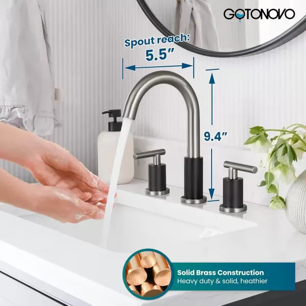imagegotonovo 3 Hole 2 Handles Lavatory Basin Bathroom Sink Faucet with Pop Up Drain with Hot and Cold Mixer Valves 8 Inch Widespread Bathroom Faucet Matte Black ampamp GoldBlack  Brushed Nickel