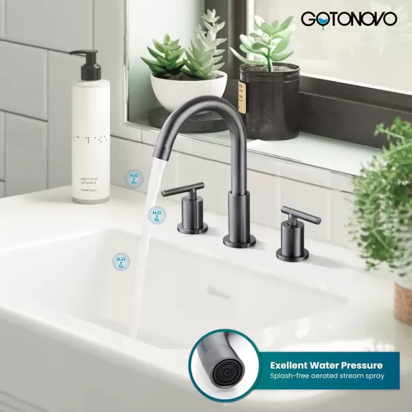 imagegotonovo 3 Hole 2 Handles Lavatory Basin Bathroom Sink Faucet with Pop Up Drain with Hot and Cold Mixer Valves 8 Inch Widespread Bathroom Faucet Matte Black ampamp GoldGray