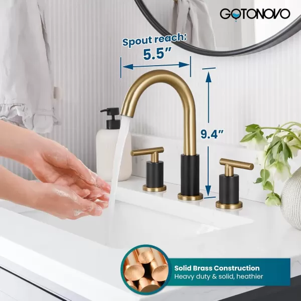 imagegotonovo 3 Hole 2 Handles Lavatory Basin Bathroom Sink Faucet with Pop Up Drain with Hot and Cold Mixer Valves 8 Inch Widespread Bathroom Faucet Matte Black ampamp GoldMatte Black  Gold