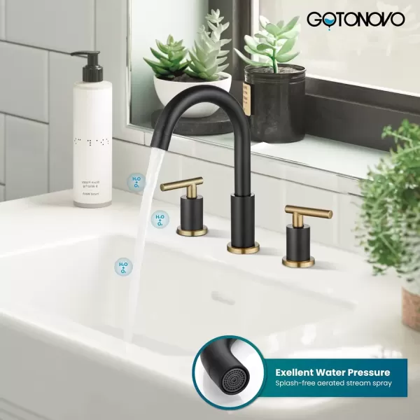 imagegotonovo 3 Hole 2 Handles Lavatory Basin Bathroom Sink Faucet with Pop Up Drain with Hot and Cold Mixer Valves 8 Inch Widespread Bathroom Faucet Matte Black ampamp GoldBlack and Gold