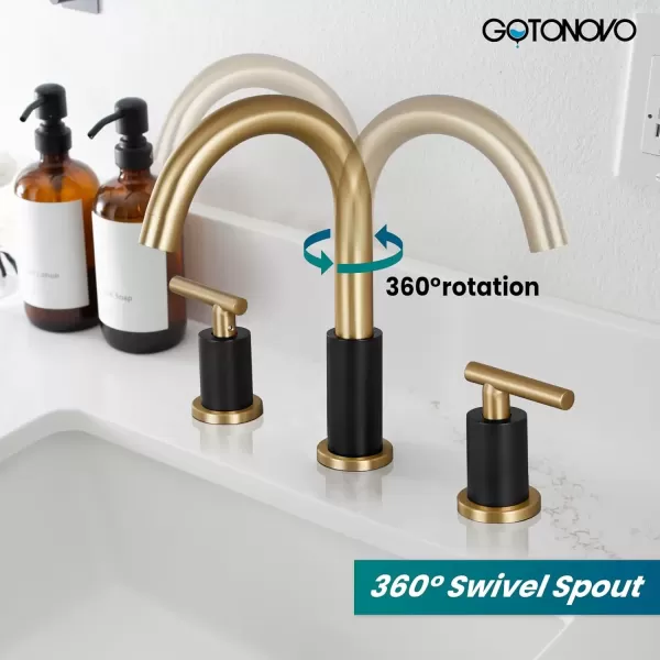 imagegotonovo 3 Hole 2 Handles Lavatory Basin Bathroom Sink Faucet with Pop Up Drain with Hot and Cold Mixer Valves 8 Inch Widespread Bathroom Faucet Matte Black ampamp GoldMatte Black  Gold