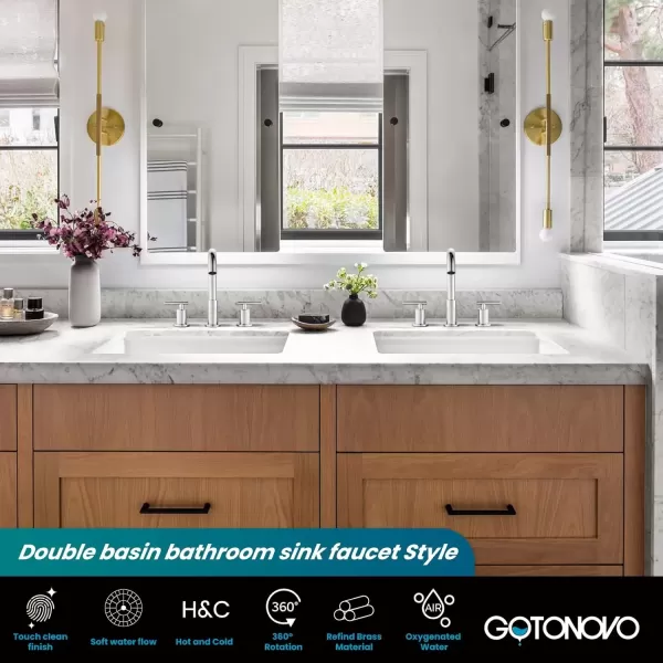 imagegotonovo 3 Hole 2 Handles Lavatory Basin Bathroom Sink Faucet with Pop Up Drain with Hot and Cold Mixer Valves 8 Inch Widespread Bathroom Faucet Matte Black ampamp GoldPolish Chrome