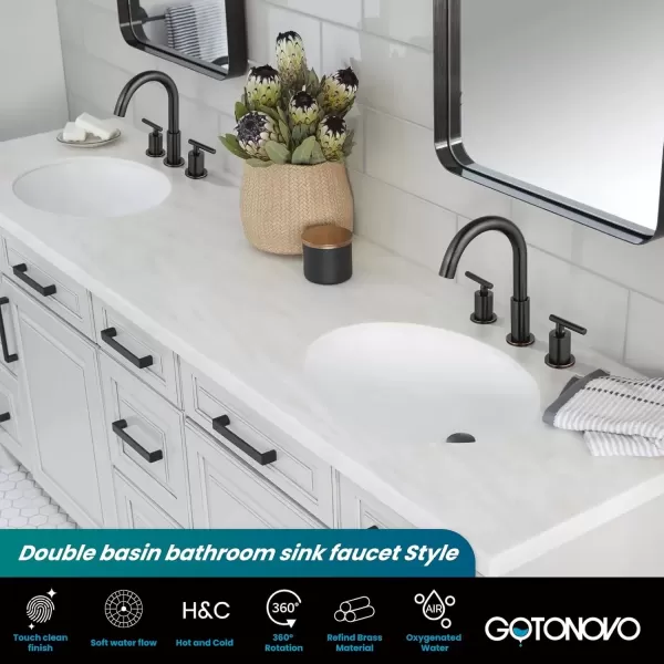 imagegotonovo 3 Hole 2 Handles Lavatory Basin Bathroom Sink Faucet with Pop Up Drain with Hot and Cold Mixer Valves 8 Inch Widespread Bathroom Faucet Matte Black ampamp GoldOil Rubbed Bronze