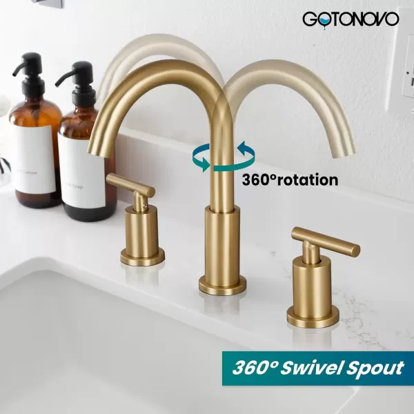 imagegotonovo 3 Hole 2 Handles Lavatory Basin Bathroom Sink Faucet with Pop Up Drain with Hot and Cold Mixer Valves 8 Inch Widespread Bathroom Faucet Matte Black ampamp GoldBrushed Gold