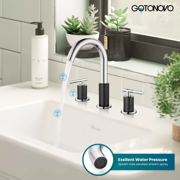 imagegotonovo 3 Hole 2 Handles Lavatory Basin Bathroom Sink Faucet with Pop Up Drain with Hot and Cold Mixer Valves 8 Inch Widespread Bathroom Faucet Matte Black ampamp GoldBlack  Polish Chrome
