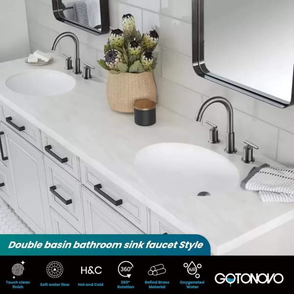 imagegotonovo 3 Hole 2 Handles Lavatory Basin Bathroom Sink Faucet with Pop Up Drain with Hot and Cold Mixer Valves 8 Inch Widespread Bathroom Faucet Matte Black ampamp GoldGray