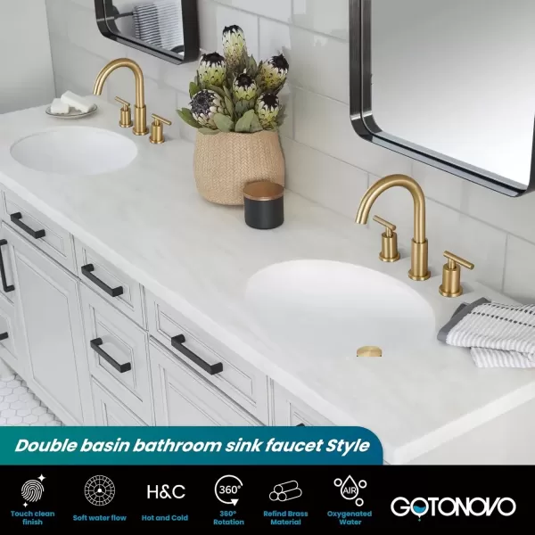 imagegotonovo 3 Hole 2 Handles Lavatory Basin Bathroom Sink Faucet with Pop Up Drain with Hot and Cold Mixer Valves 8 Inch Widespread Bathroom Faucet Matte Black ampamp GoldBrushed Gold