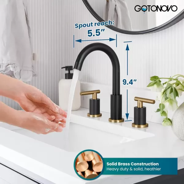 imagegotonovo 3 Hole 2 Handles Lavatory Basin Bathroom Sink Faucet with Pop Up Drain with Hot and Cold Mixer Valves 8 Inch Widespread Bathroom Faucet Matte Black ampamp GoldBlack and Gold
