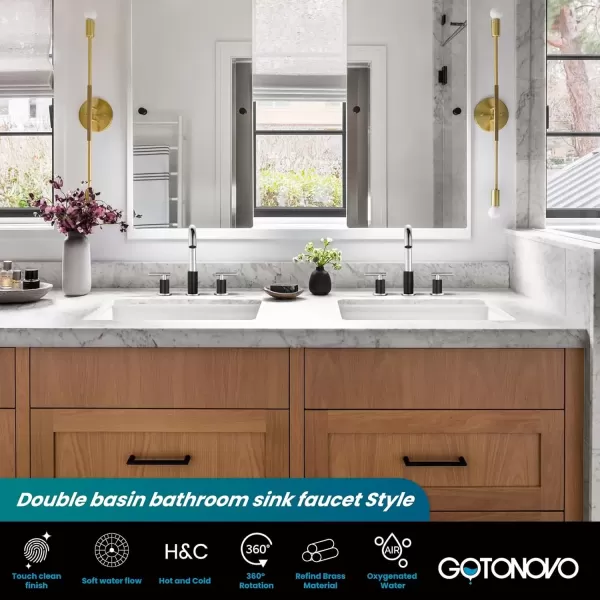 imagegotonovo 3 Hole 2 Handles Lavatory Basin Bathroom Sink Faucet with Pop Up Drain with Hot and Cold Mixer Valves 8 Inch Widespread Bathroom Faucet Matte Black ampamp GoldBlack  Polish Chrome