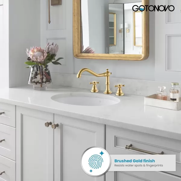imagegotonovo 3 Hole Widespread Bathroom Sink Faucet Double Cross Handle Mixer Tap Faucet for Bathroom Sink Vanity Faucet Deck Mount Basin Hot Cold Water Matching Pop Up Drain Polished ChromeBrushed Gold