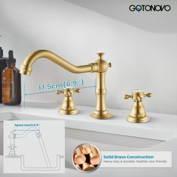 imagegotonovo 3 Hole Widespread Bathroom Sink Faucet Double Cross Handle Mixer Tap Faucet for Bathroom Sink Vanity Faucet Deck Mount Basin Hot Cold Water Matching Pop Up Drain Polished ChromeBrushed Gold