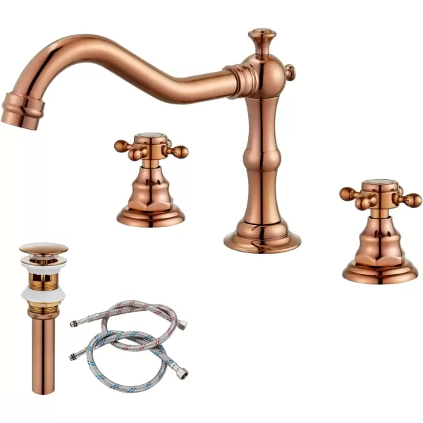 imagegotonovo 3 Hole Widespread Bathroom Sink Faucet Double Cross Handle Mixer Tap Faucet for Bathroom Sink Vanity Faucet Deck Mount Basin Hot Cold Water Matching Pop Up Drain Polished ChromeRose Gold