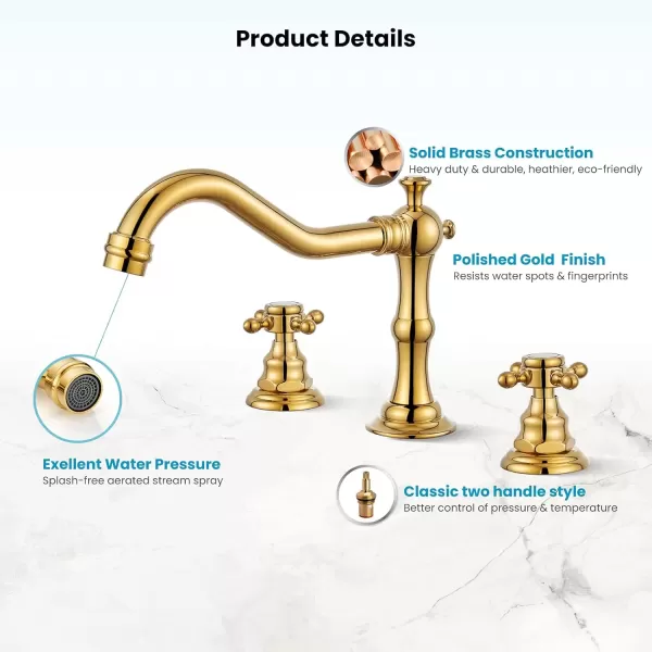 imagegotonovo 3 Hole Widespread Bathroom Sink Faucet Double Cross Handle Mixer Tap Faucet for Bathroom Sink Vanity Faucet Deck Mount Basin Hot Cold Water Matching Pop Up Drain Polished ChromePolished Gold
