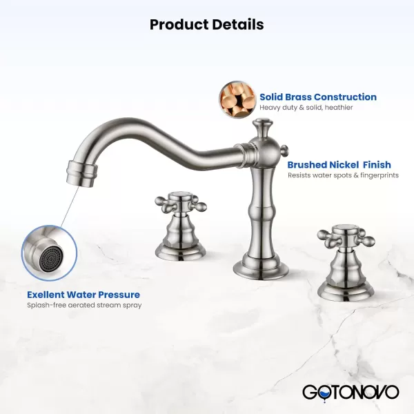imagegotonovo 3 Hole Widespread Bathroom Sink Faucet Double Cross Handle Mixer Tap Faucet for Bathroom Sink Vanity Faucet Deck Mount Basin Hot Cold Water Matching Pop Up Drain Polished ChromeBrushed Nickel