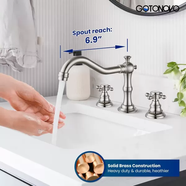 imagegotonovo 3 Hole Widespread Bathroom Sink Faucet Double Cross Handle Mixer Tap Faucet for Bathroom Sink Vanity Faucet Deck Mount Basin Hot Cold Water Matching Pop Up Drain Polished ChromeBrushed Nickel