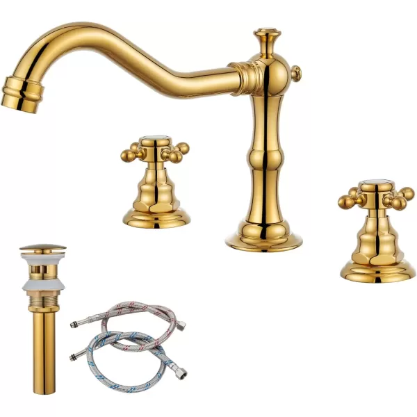 imagegotonovo 3 Hole Widespread Bathroom Sink Faucet Double Cross Handle Mixer Tap Faucet for Bathroom Sink Vanity Faucet Deck Mount Basin Hot Cold Water Matching Pop Up Drain Polished ChromePolished Gold