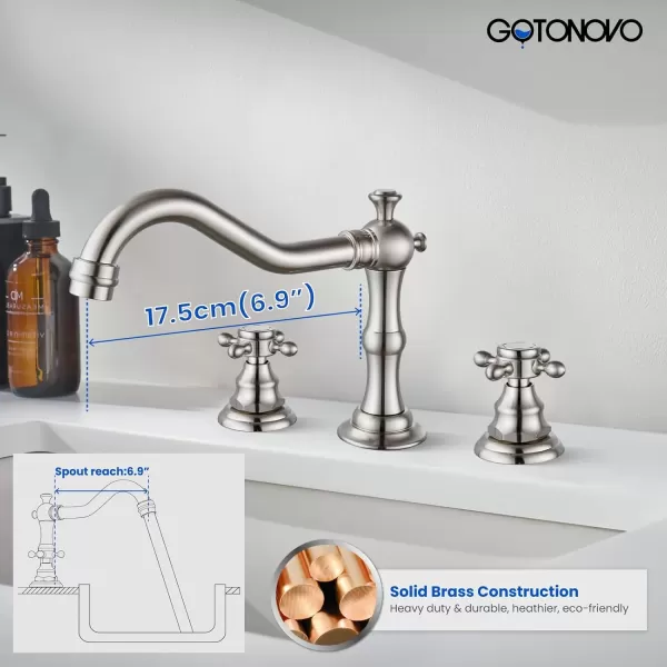 imagegotonovo 3 Hole Widespread Bathroom Sink Faucet Double Cross Handle Mixer Tap Faucet for Bathroom Sink Vanity Faucet Deck Mount Basin Hot Cold Water Matching Pop Up Drain Polished ChromeBrushed Nickel
