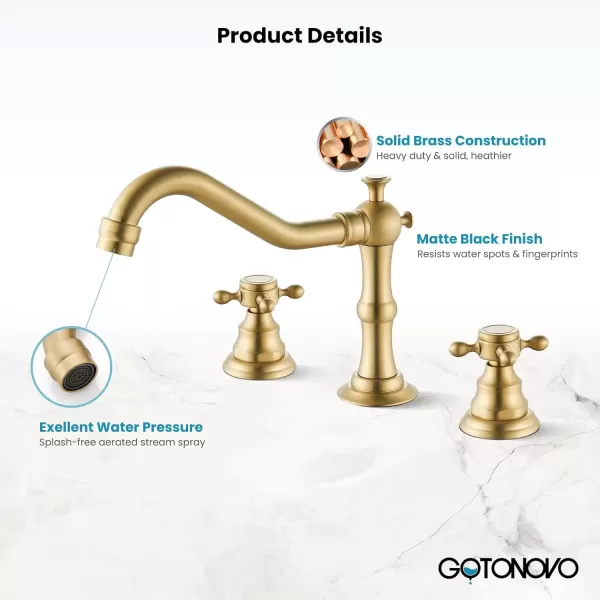 imagegotonovo 3 Hole Widespread Bathroom Sink Faucet Double Cross Handle Mixer Tap Faucet for Bathroom Sink Vanity Faucet Deck Mount Basin Hot Cold Water Matching Pop Up Drain Polished ChromeBrushed Gold