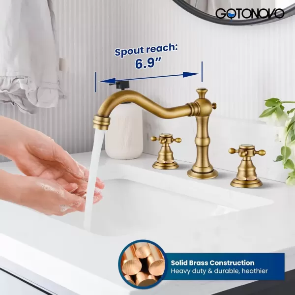 imagegotonovo 3 Hole Widespread Bathroom Sink Faucet Double Cross Handle Mixer Tap Faucet for Bathroom Sink Vanity Faucet Deck Mount Basin Hot Cold Water Matching Pop Up Drain Polished ChromeAntique Brass