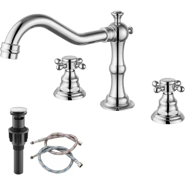 imagegotonovo 3 Hole Widespread Bathroom Sink Faucet Double Cross Handle Mixer Tap Faucet for Bathroom Sink Vanity Faucet Deck Mount Basin Hot Cold Water Matching Pop Up Drain Polished ChromePolished Chrome