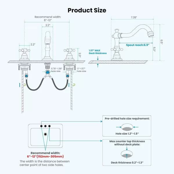 imagegotonovo 3 Hole Widespread Bathroom Sink Faucet Double Cross Handle Mixer Tap Faucet for Bathroom Sink Vanity Faucet Deck Mount Basin Hot Cold Water Matching Pop Up Drain Polished ChromeRose Gold