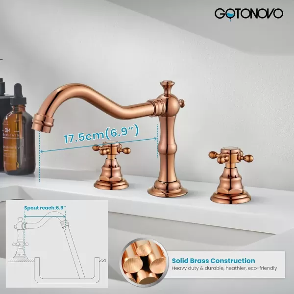 imagegotonovo 3 Hole Widespread Bathroom Sink Faucet Double Cross Handle Mixer Tap Faucet for Bathroom Sink Vanity Faucet Deck Mount Basin Hot Cold Water Matching Pop Up Drain Polished ChromeRose Gold