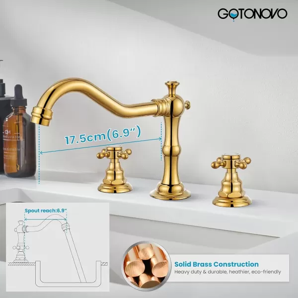 imagegotonovo 3 Hole Widespread Bathroom Sink Faucet Double Cross Handle Mixer Tap Faucet for Bathroom Sink Vanity Faucet Deck Mount Basin Hot Cold Water Matching Pop Up Drain Polished ChromePolished Gold