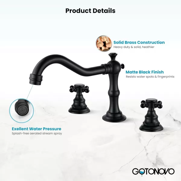 imagegotonovo 3 Hole Widespread Bathroom Sink Faucet Double Cross Handle Mixer Tap Faucet for Bathroom Sink Vanity Faucet Deck Mount Basin Hot Cold Water Matching Pop Up Drain Polished ChromeMatte Black