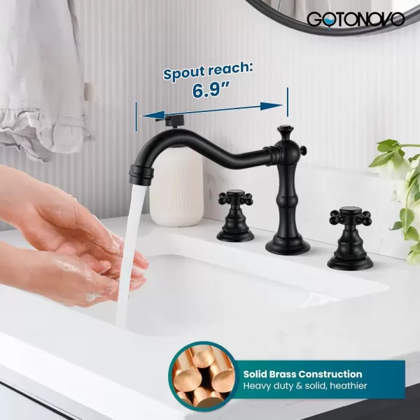 imagegotonovo 3 Hole Widespread Bathroom Sink Faucet Double Cross Handle Mixer Tap Faucet for Bathroom Sink Vanity Faucet Deck Mount Basin Hot Cold Water Matching Pop Up Drain Polished ChromeMatte Black
